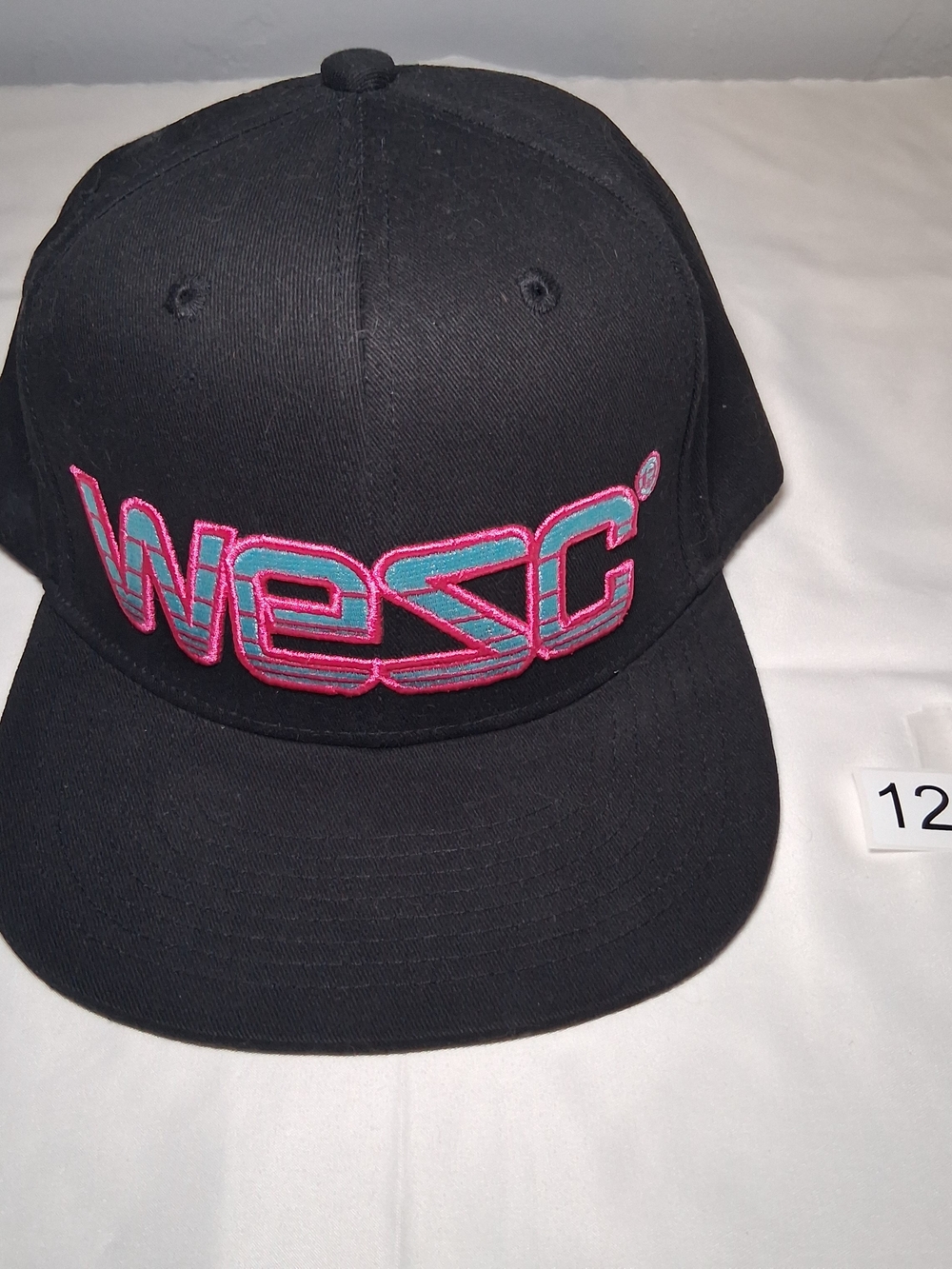 Wesc Black Snapback Hat with Pink & Teal Embroidered Logo